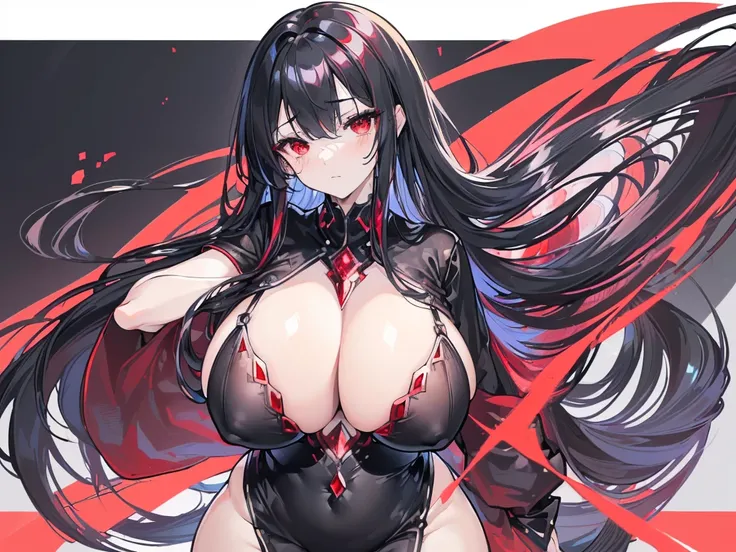 (Exquisite eyes),(Clear and beautiful eyes:1.61),masterpiece, 1 young girl,(Black clothes and some red gems), Black long hair, (She has a huge red gem on her chest), Good Hand,((The Havoc of StarCraft)),full-body shot,Fighting Stance,(Red Eyes:1.466)，short...