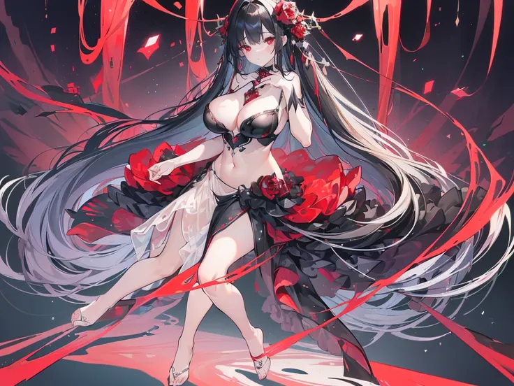 (Exquisite eyes),(Clear and beautiful eyes:1.61),masterpiece, 1 young girl,(Black clothes and some red gems), Black long hair, (She has a huge red gem on her chest), Good Hand,((The Havoc of StarCraft)),full-body shot,Fighting Stance,(Red Eyes:1.466)，short...