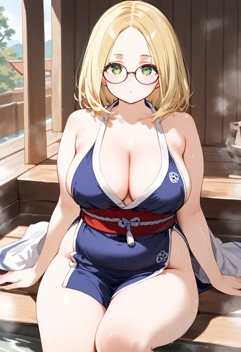 chubby girl, Blonde with green eyes, medium length hair, round facial features, open forehead, no bangs, glasses with black square frames 
Japanese style of clothing, ancient Japan, almost without clothes
water, sauna 