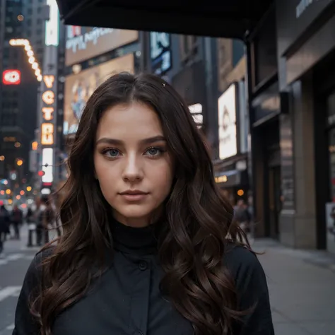 222 year old woman, long brown slightly curly hair, blue eye, visage parfait, professional makeup like model, ultra realistic,  C et portant un haut noir, dans les rues de new york, times square