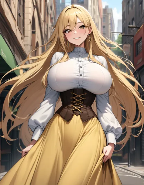 blonde hair color,long hair,The roots of the hair on both sides are raised,light brown eyes,corset, long skirt,earrings,huge breasts,Whipped thighs,slender,near,street background,SFW,perfect,high quality,faultless,smile