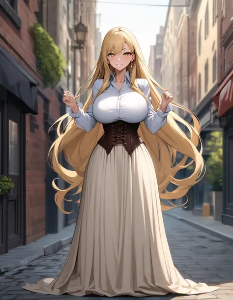 blonde hair color,long hair,The roots of the hair on both sides are raised,light brown eyes,corset, long skirt,earrings,huge breasts,Whipped thighs,slender,near,street background,SFW,perfect,high quality,faultless,smile