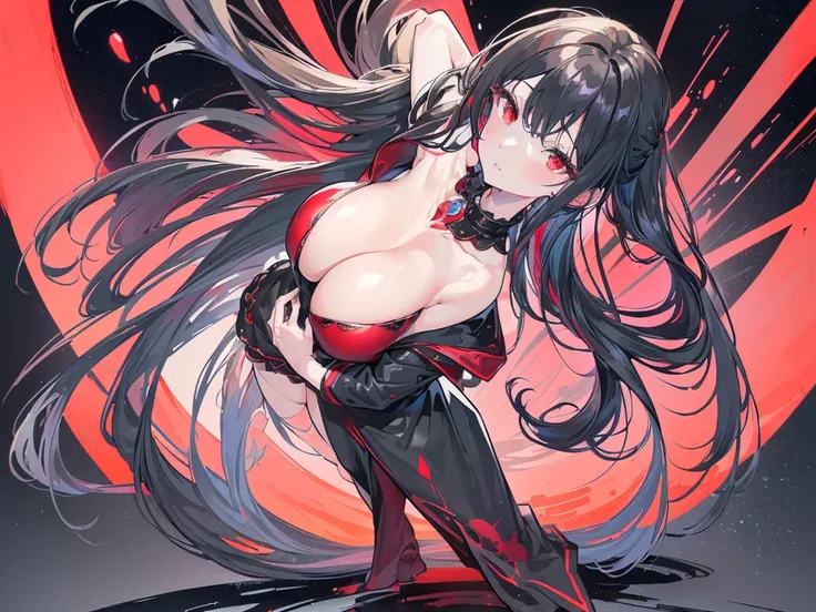 (Exquisite eyes),(Clear and beautiful eyes:1.61),masterpiece, 1 young girl,(Black clothes and some red gems), Black long hair, (She has a huge red gem on her chest), Good Hand,((The Havoc of StarCraft)),full-body shot,Fighting Stance,(Red Eyes:1.466)，short...