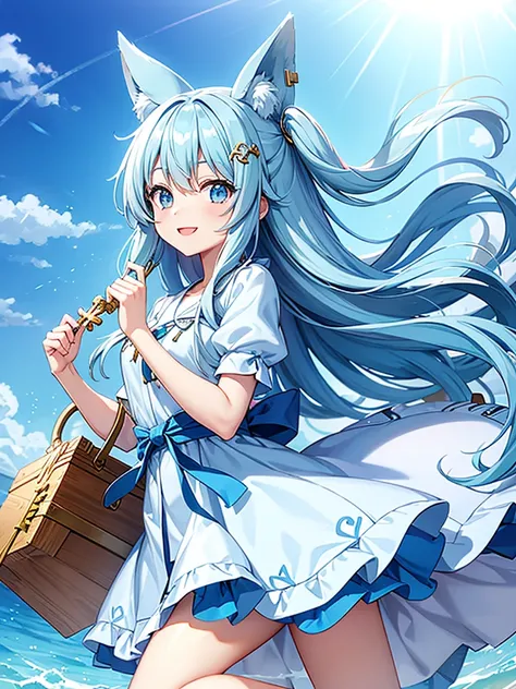 Light blue long hair、Twin-tailed Girl、Get the key and open the big treasure chest、Bright smile、Gemstones are shining、