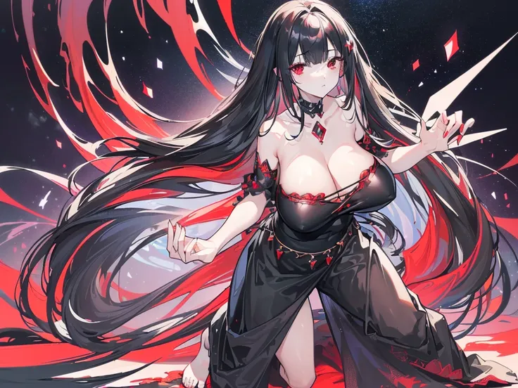 (Exquisite eyes),(Clear and beautiful eyes:1.61),masterpiece, 1 young girl,(Black clothes and some red gems), Black long hair, (She has a huge red gem on her chest), Good Hand,((The Havoc of StarCraft)),full-body shot,Fighting Stance,(Red Eyes:1.466)，short...