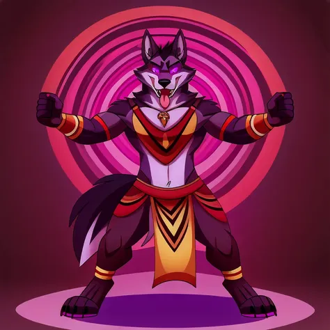 (masterpiece, best quality:1.2), vortex hellhound, wolf, furry, helluva boss, hypnotized with glowing purple eyes, tongue out, t...