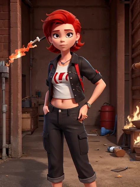 one with red hair, smoking a cigarette, com cropped preto, wide cargo pants, e piercing no septo