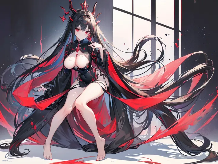 (Exquisite eyes),(Clear and beautiful eyes:1.61),masterpiece, 1 young girl,(Black clothes and some red gems), Black long hair, (She has a huge red gem on her chest), Good Hand,((The Havoc of StarCraft)),full-body shot,Fighting Stance,(Red Eyes:1.466)，short...