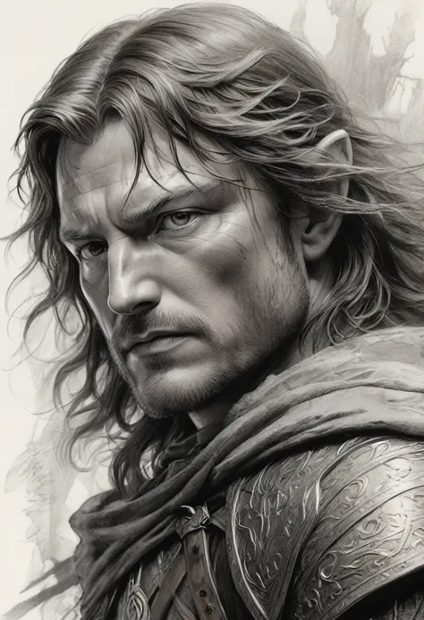 stunning black and white graphite sketch of Boromir, up close shot, from The Lord Of The Rings trilogy, in dynamic pose, by Anna Razumovskay, (by Alyssa Monks:1.1), by Joseph Lorusso, by Lilia Alvarado, beautiful lighting, sharp focus, 8k, high res, (pores...