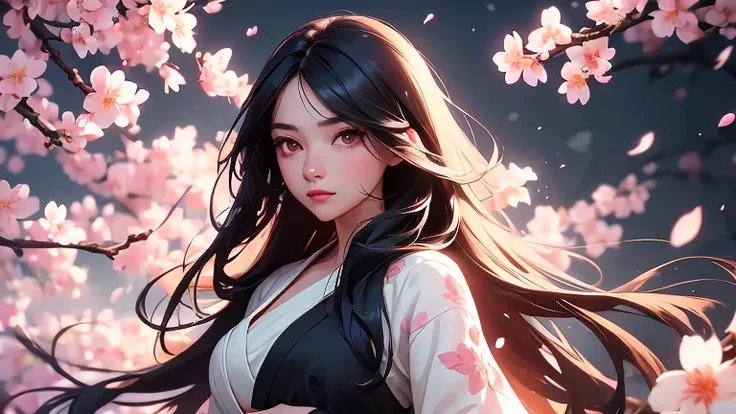 a beautiful young woman with flowing black hair, looking directly at the viewer, surrounded by cherry blossom petals floating through the air, cinematic lighting, intricate details, highly detailed, photorealistic, masterpiece