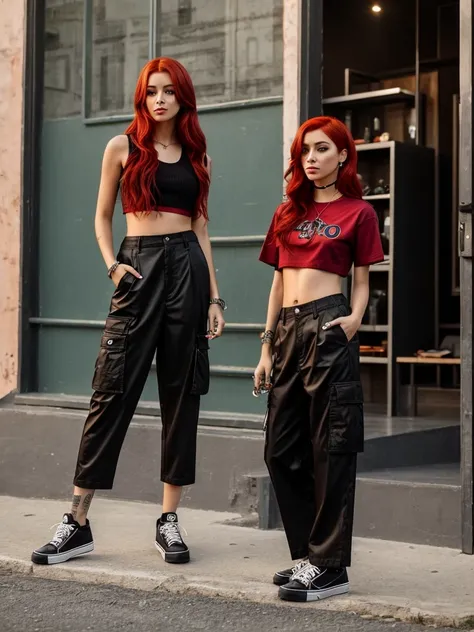 one with red hair, smoking a cigarette, com cropped preto, wide cargo pants, e piercing no septo