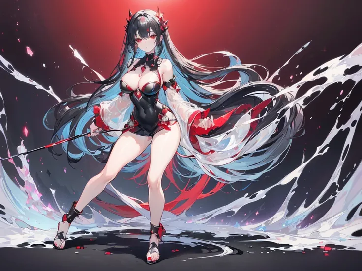 (Exquisite eyes),(Clear and beautiful eyes:1.61),masterpiece, 1 young girl,(Black clothes and some red gems), Black long hair, (She has a huge red gem on her chest), Good Hand,((The Havoc of StarCraft)),full-body shot,Fighting Stance,(Red Eyes:1.466)，short...