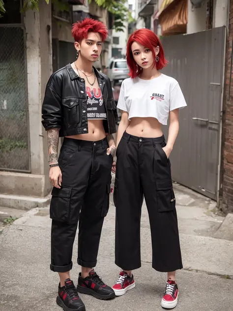 one with red hair, smoking a cigarette, com cropped preto, wide cargo pants, e piercing no septo