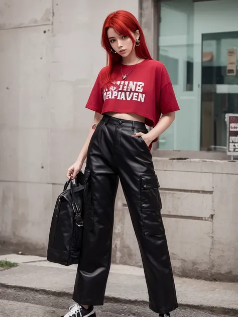 one with red hair, smoking a cigarette, com cropped preto, wide cargo pants, e piercing no septo