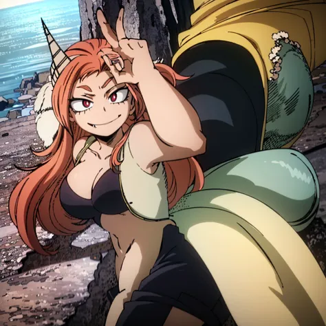 1girl, the siren, mermaid, female focus, boku no hero academia, masterpiece, best quality, very aesthetic, big breasts, long wavy hair, orange/golden hair, magenta eyes, smirk, golden mermaid tail, gills, scale, beautiful, sunset sea