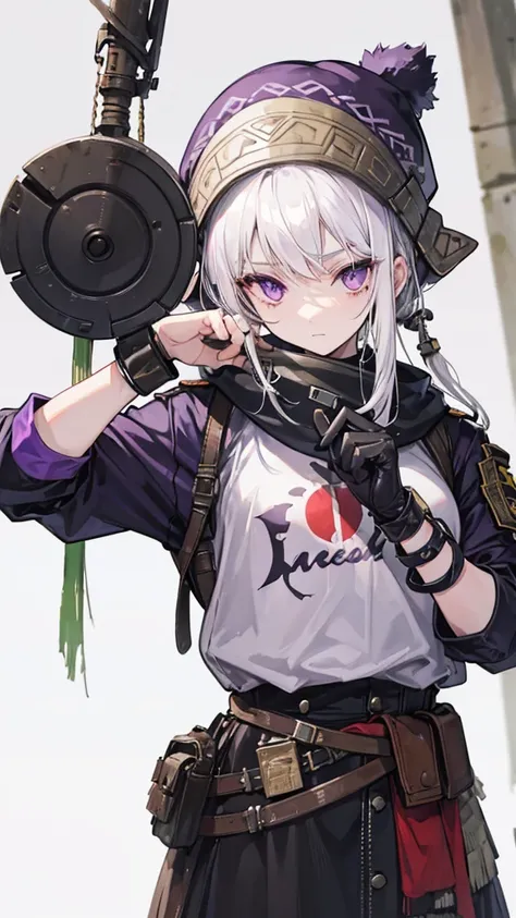 Female, White hair, purple eyes, Old Glove, 160 cm, 18 years, Scrap Machete, Slave Clothes 2, Turtles Rusty bracelet, Beanie Hat (Green), Tomboy, wasteland