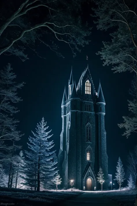 Grifyndor Castle, Narnia, 4 torres, a forest, mean moon, illuminated windows, magical atmosphere.