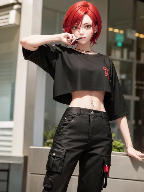 one with red hair, smoking a cigarette, com cropped preto, wide cargo pants, e piercing no septo