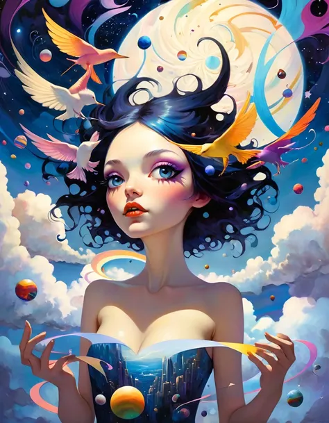 In a whimsical, colorful cartoon world, a kaleidoscope of flying objects swirls against surreal landscapes, inspired by the ethereal sounds of Midnight Tunes. Gentle mews and epic dreams converge as vibrant colors and exaggerated shapes come alive. A fanta...