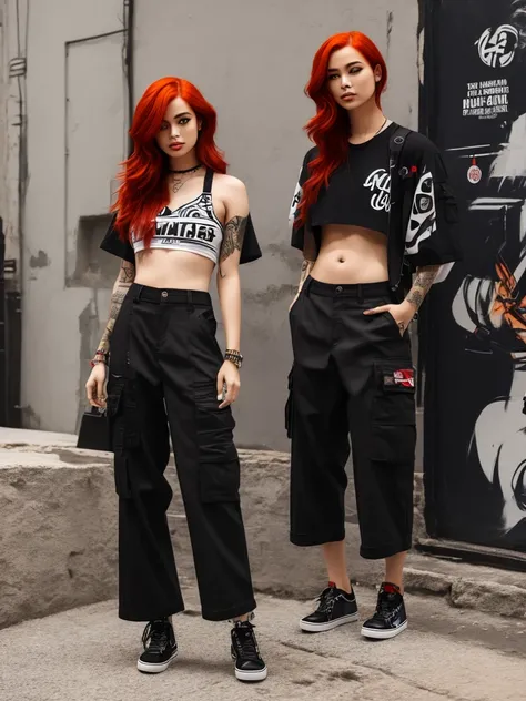 one with red hair, smoking a cigarette, com cropped preto, wide cargo pants, e piercing no septo