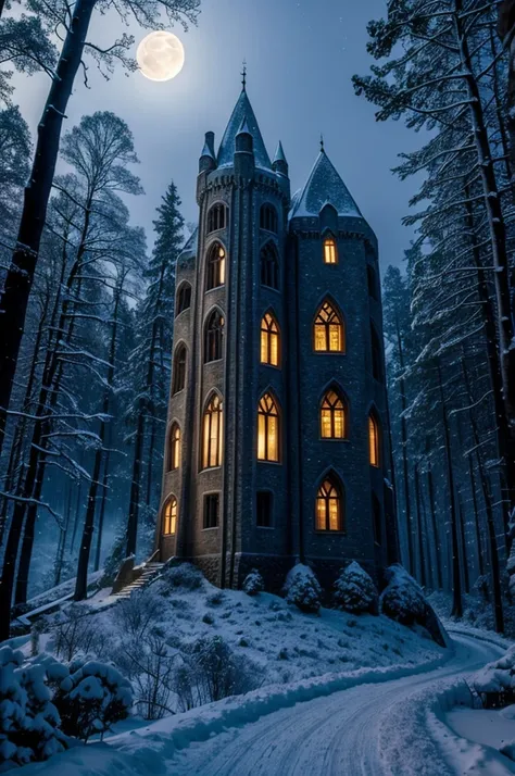 Grifyndor Castle, Narnia, 4 torres, a forest, mean moon, illuminated windows, magical atmosphere. There are other castles nearby.