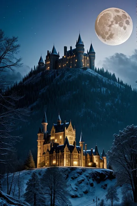 Grifyndor Castle, Narnia, 4 torres, a forest, mean moon, illuminated windows, magical atmosphere. There are other castles nearby.