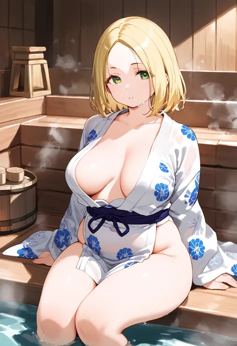 chubby girl, Blonde with green eyes, medium length hair, round facial features, open forehead, no bangs 
Japanese style of clothing, ancient Japan, without clothes
water, sauna 