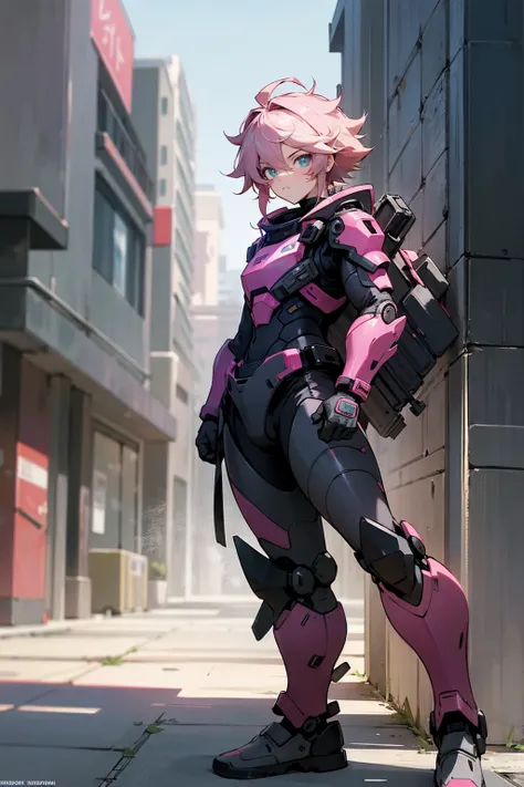 Masterpiece Quality, Perfect Generation, Detailed Eyes, , , Black And Pink Two Toned Messy Hair, , , , Defense Force Combat Suit , Male, , Detailed Eyes, Standing In City, Facing Viewer,