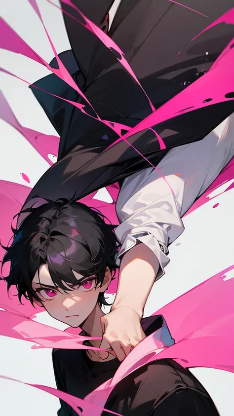 16 year old boy,tender and adorable face,short black hair,black clothes,pink eyes,