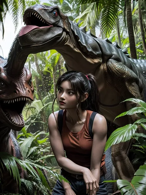 chica linda como wang yiren, in jurassic park jurassic park with a little dinosaur.