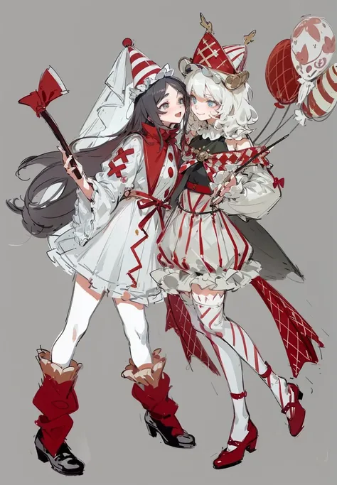 two girls in a circus theme, one with black long hair looking forward with a smiling open mouth expression, wearing a white one-piece short dress with butterfly sleeves, a red satin ribbon bow around the waist, holding a red axe, wearing red thigh-high soc...