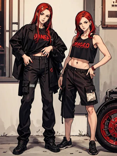 one with red hair, smoking a cigarette, com cropped preto, wide cargo pants, e piercing no septo