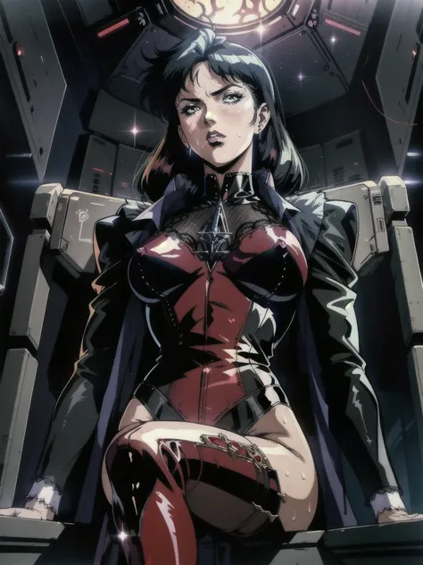 ((((retro anime)) of a gothic vampire piloting a gothic ruby mech)), (((from below pov))), close-up, ((fisheye)), ((gothic (control panels) everywhere)), ((mature)), ((vampiric)), (iridescent bodysuit), lace accessories, dark big lips, ((baroque pilot seat...