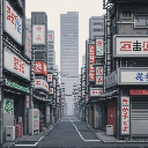 pixel art, 258 bits, sheet of several empty buildings in shinjuku with buildings behind