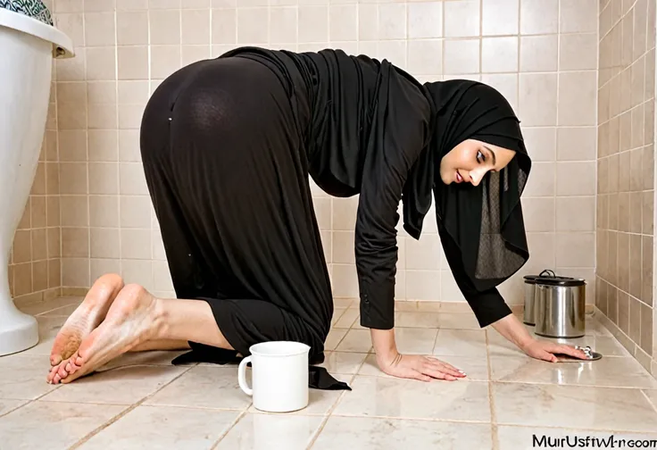 Pale skin arab woman in black straight hijab nude arm nude shoulder breasts be on All fours at fours in bathroom side view eating dog food in cup