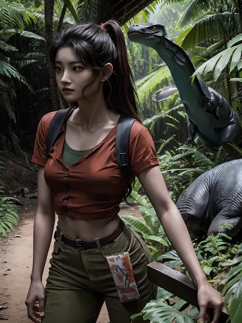 chica linda como wang yiren, in jurassic park jurassic park with a little dinosaur.