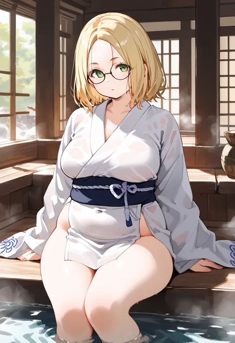 chubby girl, Blonde with green eyes, medium length hair, round facial features, open forehead, no bangs, glasses with black square frames
Japanese style, ancient Japan, without clothes, No clothes
water, sauna 