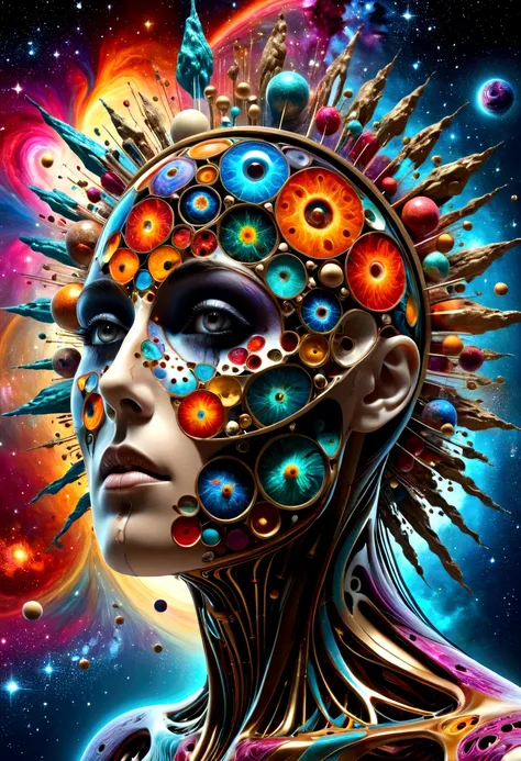 human anatomy, Different parts of the body are scattered., 3D cubic distribution of the body, Lumps and spheres burst from the face., surreal cgi masterpiece, bright colors, Light around the wheel rim, mechanical dispersion, decay of the biosphere, Highly ...