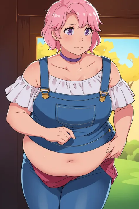 Up close, Holding belly, hands on belly, outgrown clothes, (Sad:1.1), (Sad face:1.1)Pale skin, (Obese:1.1),fat, Slightly chubby, sad, farm backround, upper body, looking at viewer, 1girl, solo, short pink hair, (dark blue choker), (dark blue denim overalls...