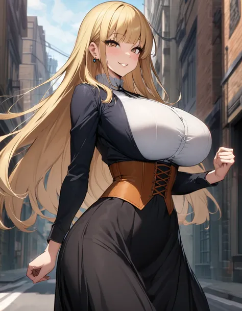 blonde hair color,long hair,hime cut,light brown eyes,corset, black long skirt,earrings,huge breasts,Whipped thighs,slender,near,street background,SFW,perfect,high quality,faultless,smile