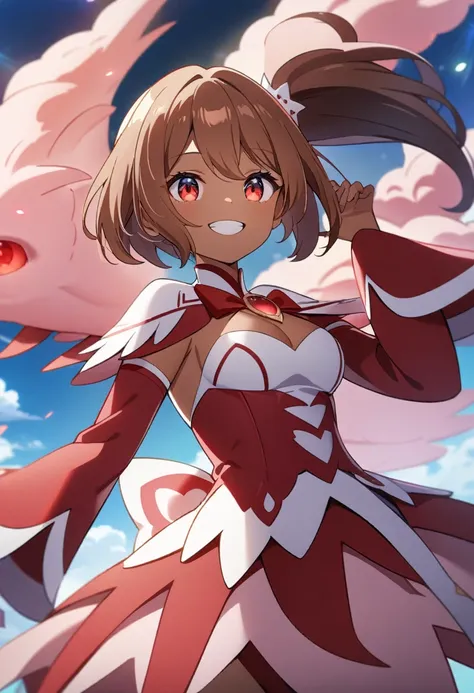 1girl, proud smile, anime poster, red floating cloud eye, eye monster, looking at a floating red eye monster in the sky, dark skin, medium breasts, side ponytail, short hair, messy and brown hair, red magical girl clothes, mahou shoujo, intricate detail, m...