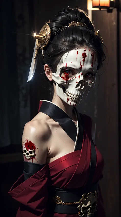 "(Best lighting, dark, dramatic),(Geisha skull spitting in red ink, scar,  sexy, brain, Blood, In the head, terrorism.),(Red eyes, Calaveras). Morning light. (The sword penetrates the body)、Bloodまみれ、