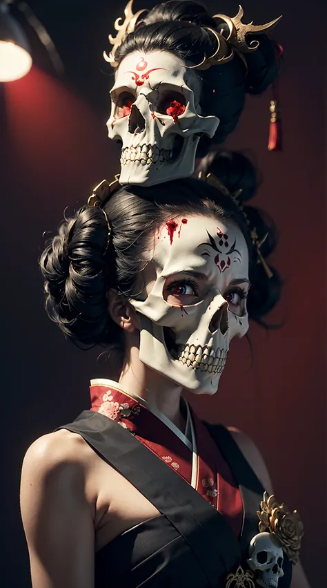 "(Best lighting, dark, dramatic),(Geisha skull spitting in red ink, scar,  sexy, brain, Blood, In the head, terrorism.),(Red eyes, Calaveras). Morning light. (The sword penetrates the body)、Bloodまみれ、