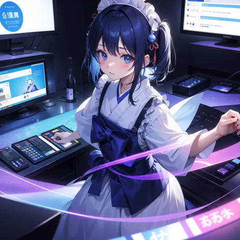 One woman,Maid,Wearing Japanese clothing,Multiple Monitors（Streaming screen　hologram）,Swirling blue light,Izakaya