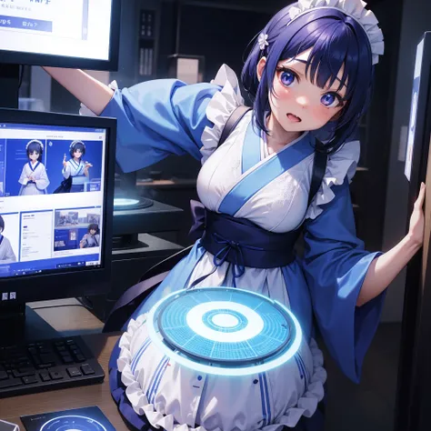 One woman,Maid,Wearing Japanese clothing,Multiple Monitors（Streaming screen　hologram）,Swirling blue light,Izakaya