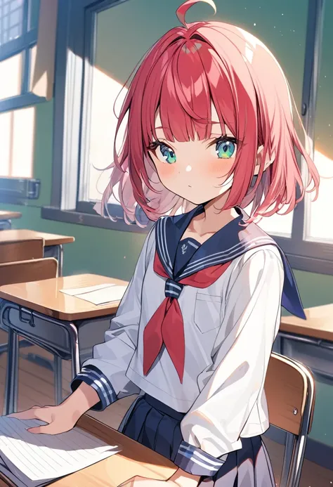 1girl 10 years old,rubyred hair,bowlcut hair,half circle ahoge,blue green eyes,serafuku,classroom