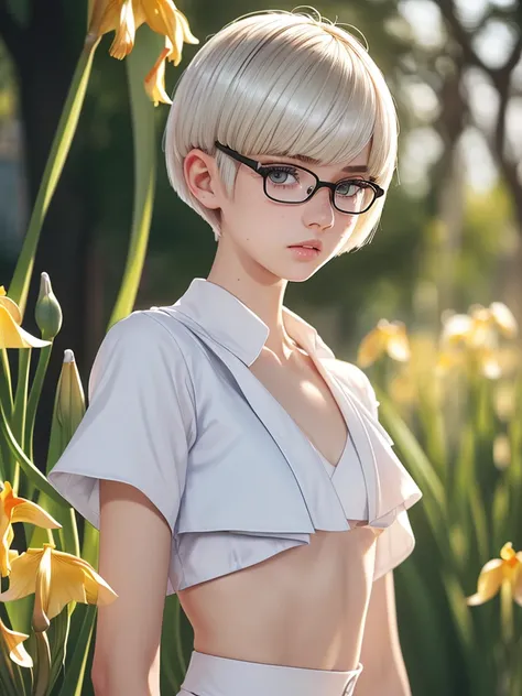 1girl, Small frame, slender build, short height, pale skin dotted by light freckles, short and straight platinum blonde hair, (((layered hair))), (((jagged hair))), (((close-cropped hair))), (((hazel irises))), silver framed glasses, cute facial features w...