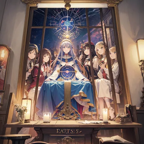 Tarot Cards（Female Pope(Salvator Mundi）のLast Supper（　canteen　Draw on canvas（Stained glass（Valentine　hologram　Blue light swirling）　Last Supper　　holy grail　Christ　smile）Anime Poster、oil）
