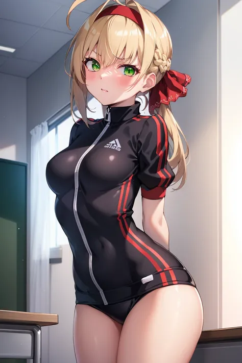 One girl,fgoblack, black, Ahoge, Blonde, (Green Eyes:1.5), Hair between the eyes, Hair Intake, 
break braid, Bloomers, French Braid, Gym Shirt, Gym suit, Hair Bun, head band, Official Alternative Costumes, red Bloomers, red head band, single Hair Bun,
brea...