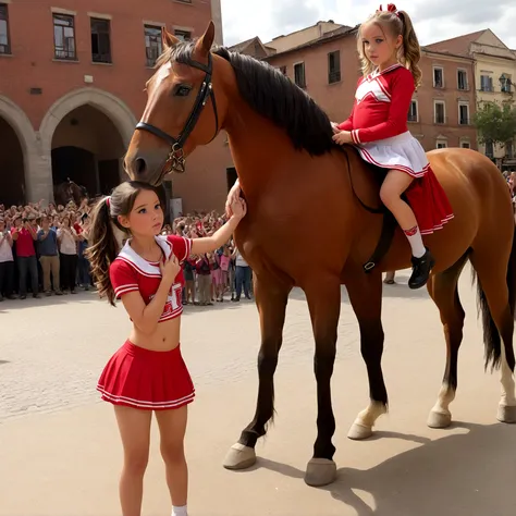 draw a little pre-primary school girl dressed as a cheerleader, cum on face, she is in a public square next to a big horse holdi...